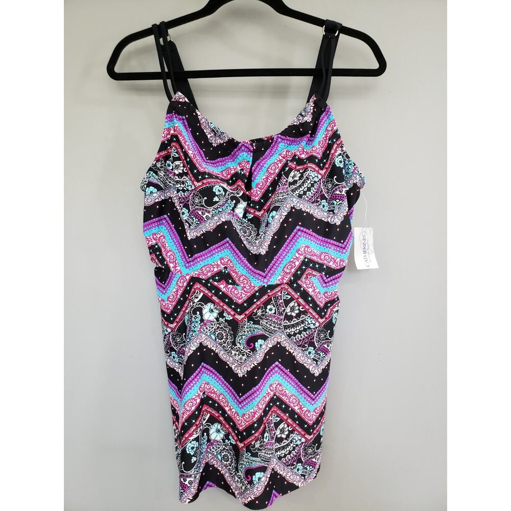 NEW Catherine's 16Wβ Tankini Swim Top Shirt Tropical Plus Size Black Vacation